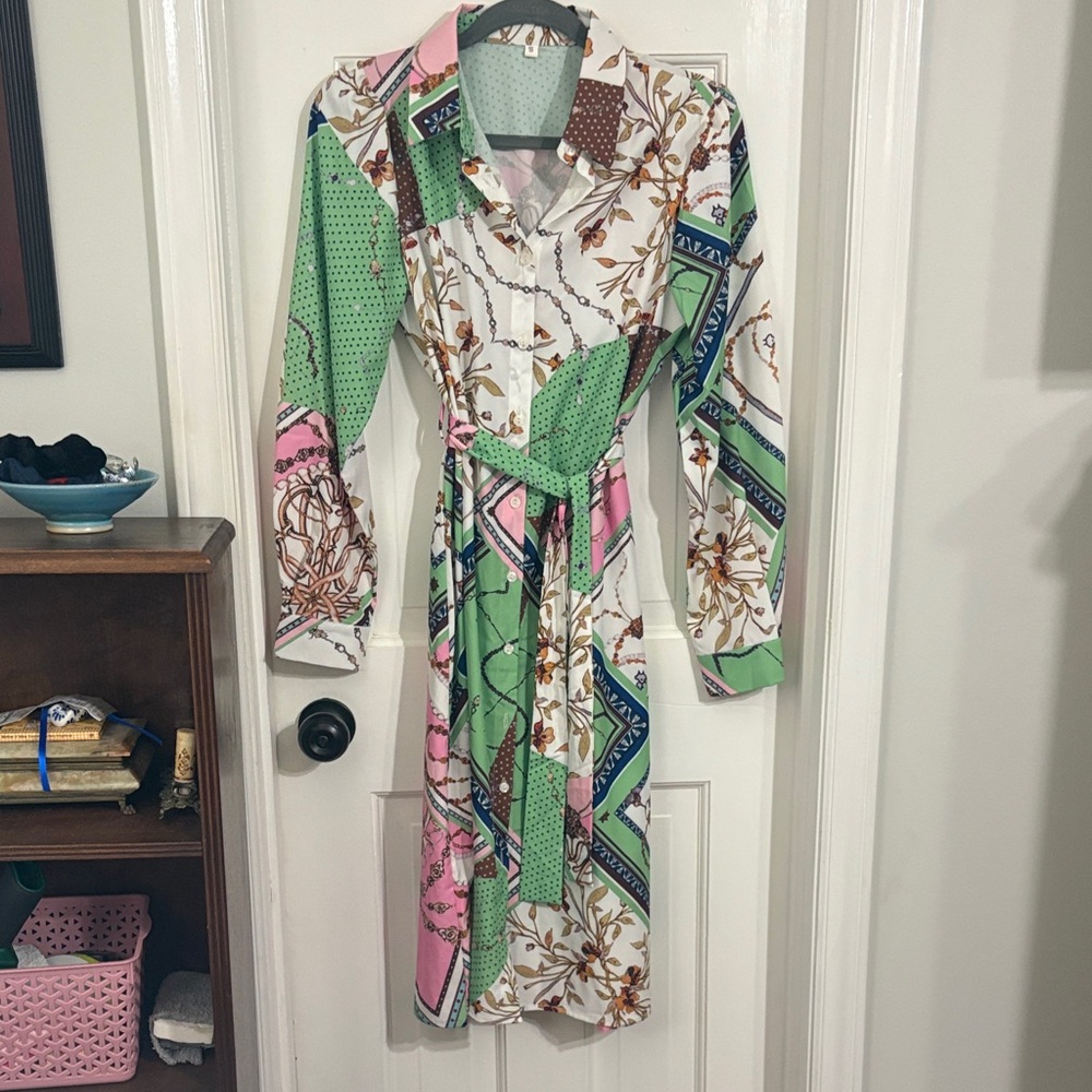 Patchwork Long Sleeve  Dress - Green, Pink, Brown